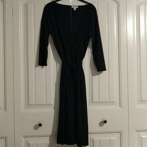 LOFT Black Midi 3/4 Sleeve Faux Wrap Dress